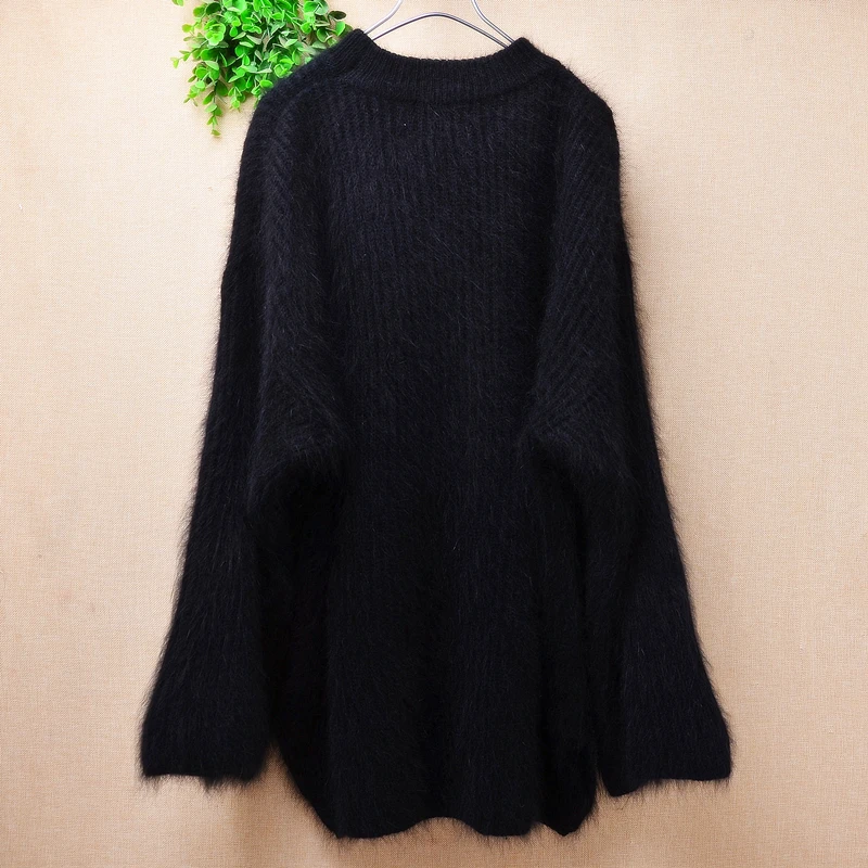 Female Women Spring Autumn Clothing Black Hairy Plush Mink Cashmere Knitted O-Neck Long Flare Sleeves Angora Fur Sweater Jumper