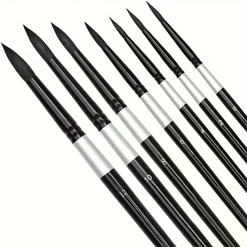 

7Pcs Art Brush Set - Round/Pointed Tips For Gouache/H2O | Beginner Artist Kit W/Wood Handle (No Shed)