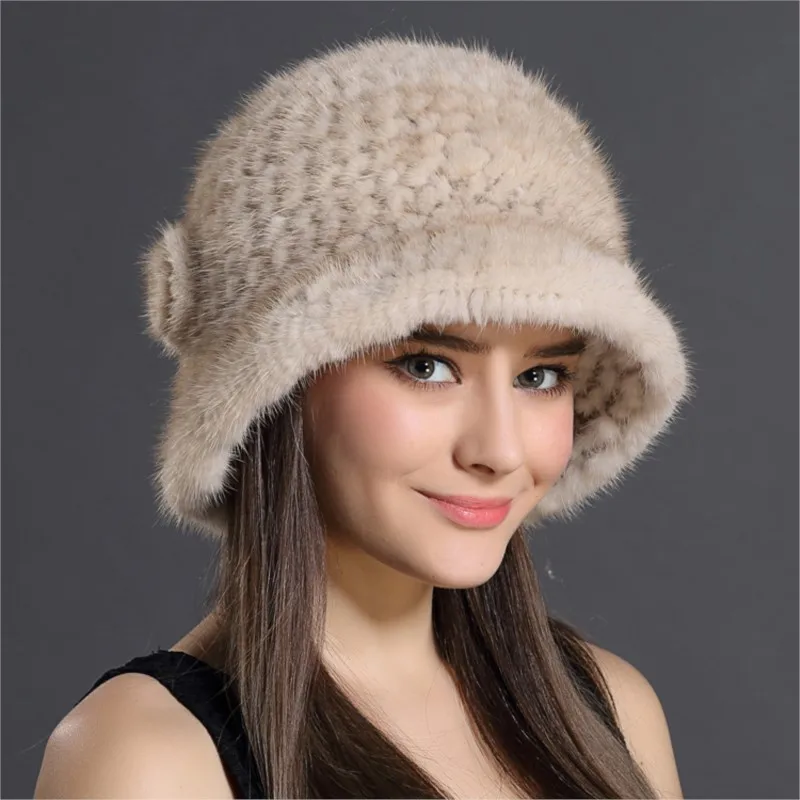 Warm women's fur hat real wool woven fashion flower top