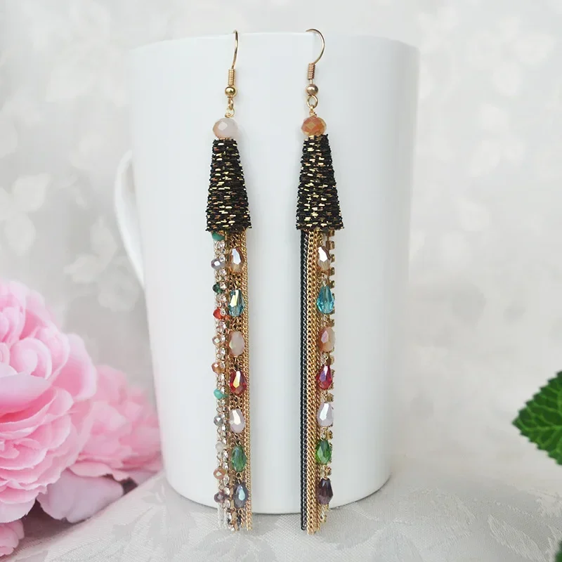 S925 Bohemian Ethnic Exaggerated Long Tassel Earrings Fashionable Trendy Beads Earring for Women image 5