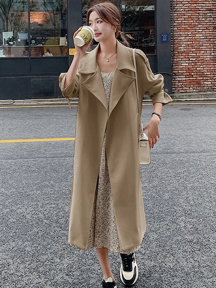 LANMREM Korean Style Mid Length Windbreaker Women Lapel Belt Gathered Waist Solid Color Trench Coat 2023 Autumn New 2AA2041