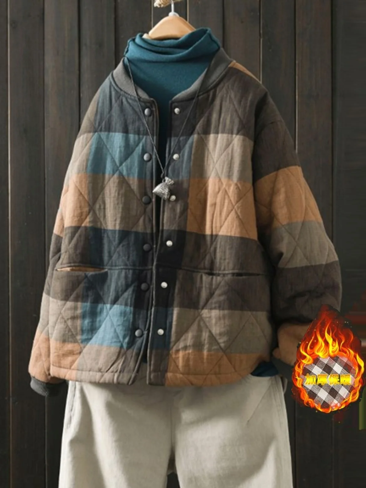 

Thiened Cotton Plaid Jaet Women's Retro Coat Winter Warm Flannel Inserted Cotton Brandl Commute Sle Long Sve