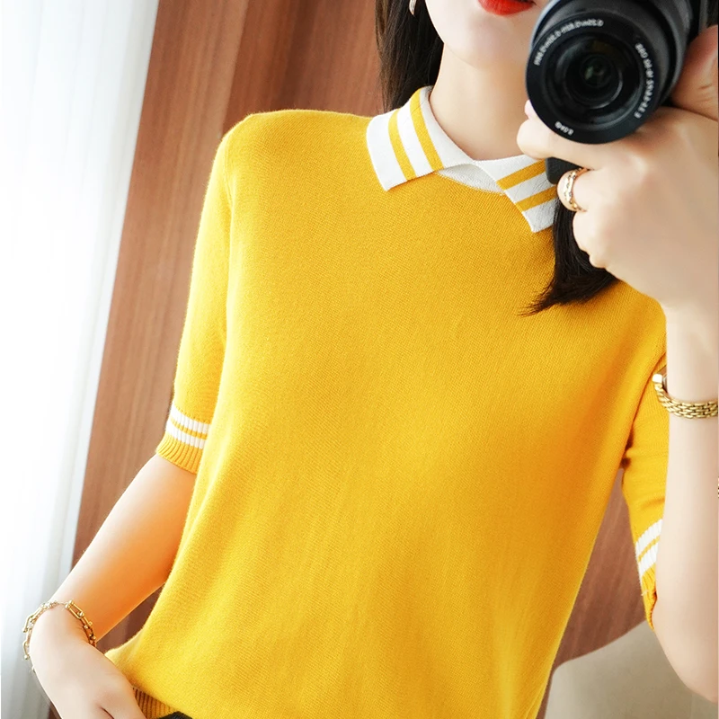 Summer New Half-sleeved Women Polo Collar Sweater Slim 100% Cotton Color Contrast Pullover T-shirt Knitted Base Casual Sweater