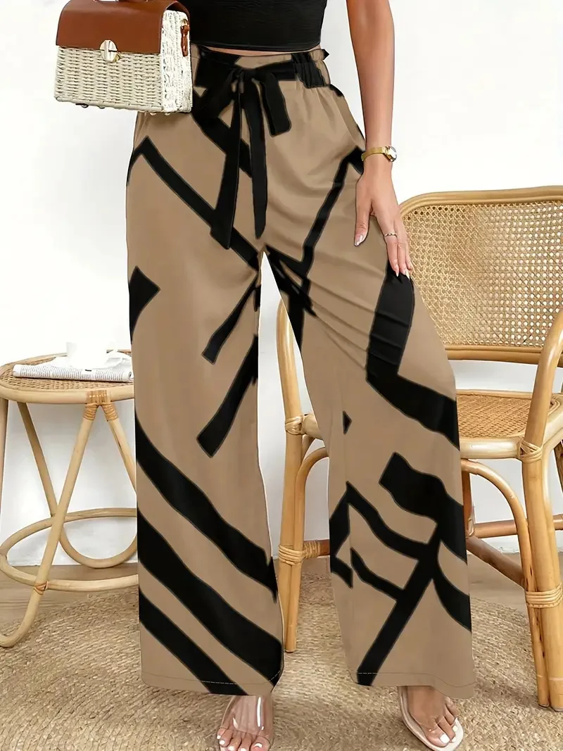 Wide leg pants for women 2024 fashion striped print pantalones spring summer casual loose lace up traf clothing