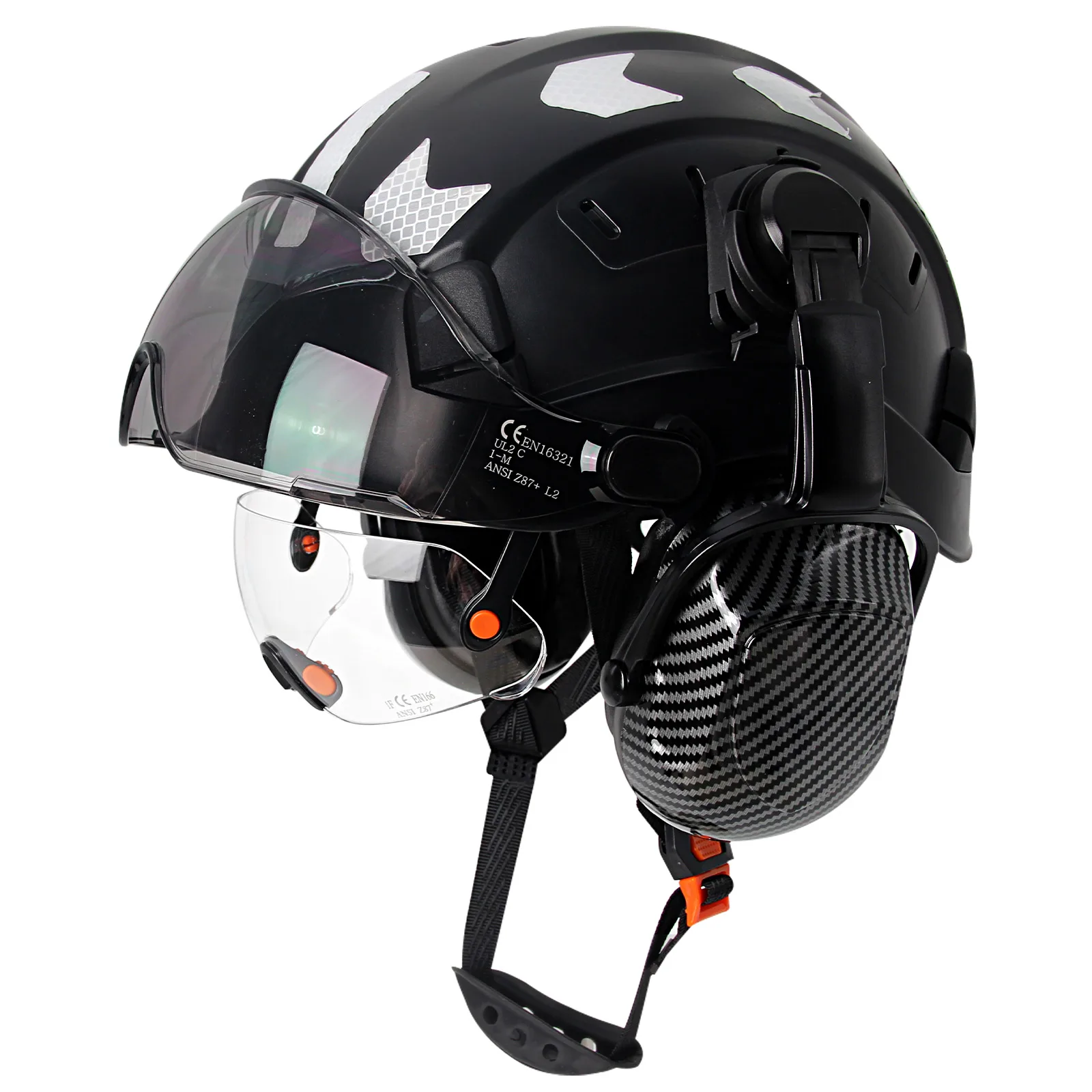 CE-Schutzhelm aus Kohlefaser mit Ohrenschützern aus Kohlefaser, Doppelbrille, reflektieren Aufkleber, Baukappe, ABS, ANSI-Schutzhelm-Set 30 CE-Schutzhelm aus Kohlefaser mit Ohrenschützern aus Kohlefaser, Doppelbrille, reflektieren Aufkleber, Baukappe, ABS, ANSI-Schutzhelm-Set 30