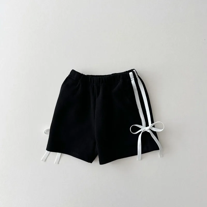 Korean Style New Summer Baby Girls Sports Shorts Side Seam Stripe Bow Elastic Waist Loose Pants Casual Children Clothes A24147