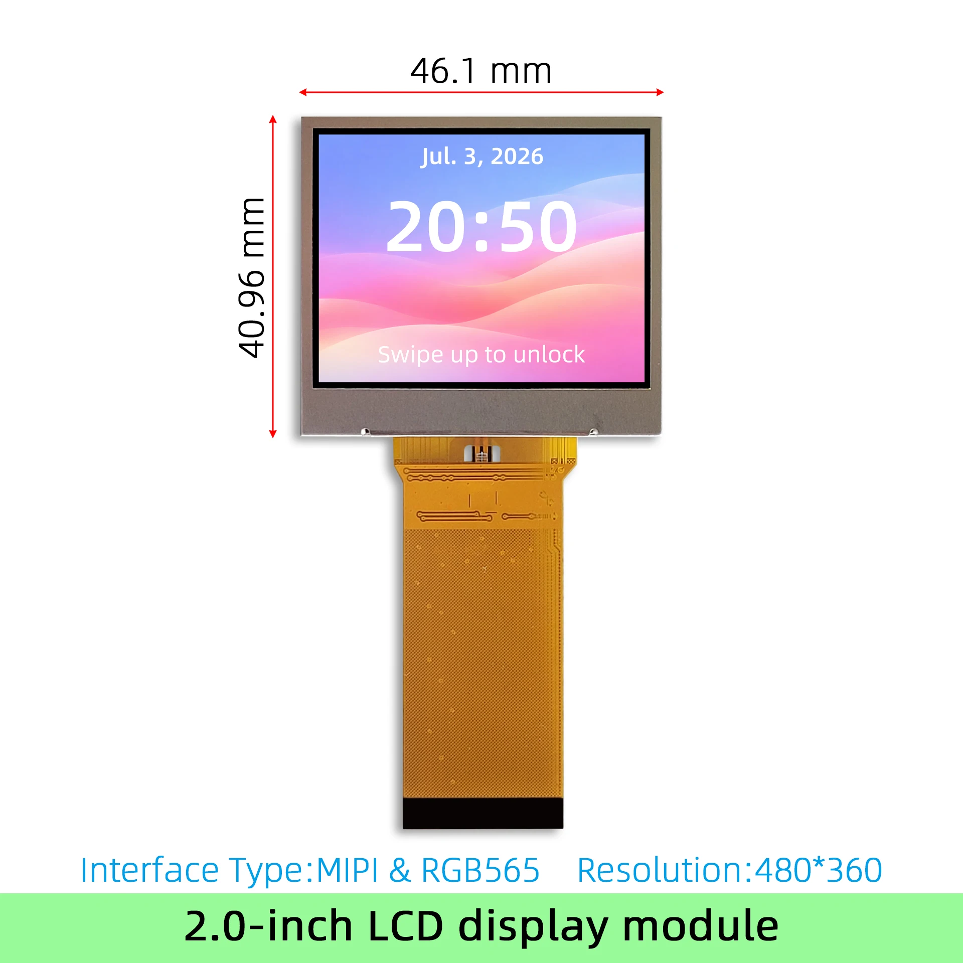 2-inch TFT LCD display module, 480*360 resolution, MIPI & RGB565 interface, ST7701S, suitable for electronic product development