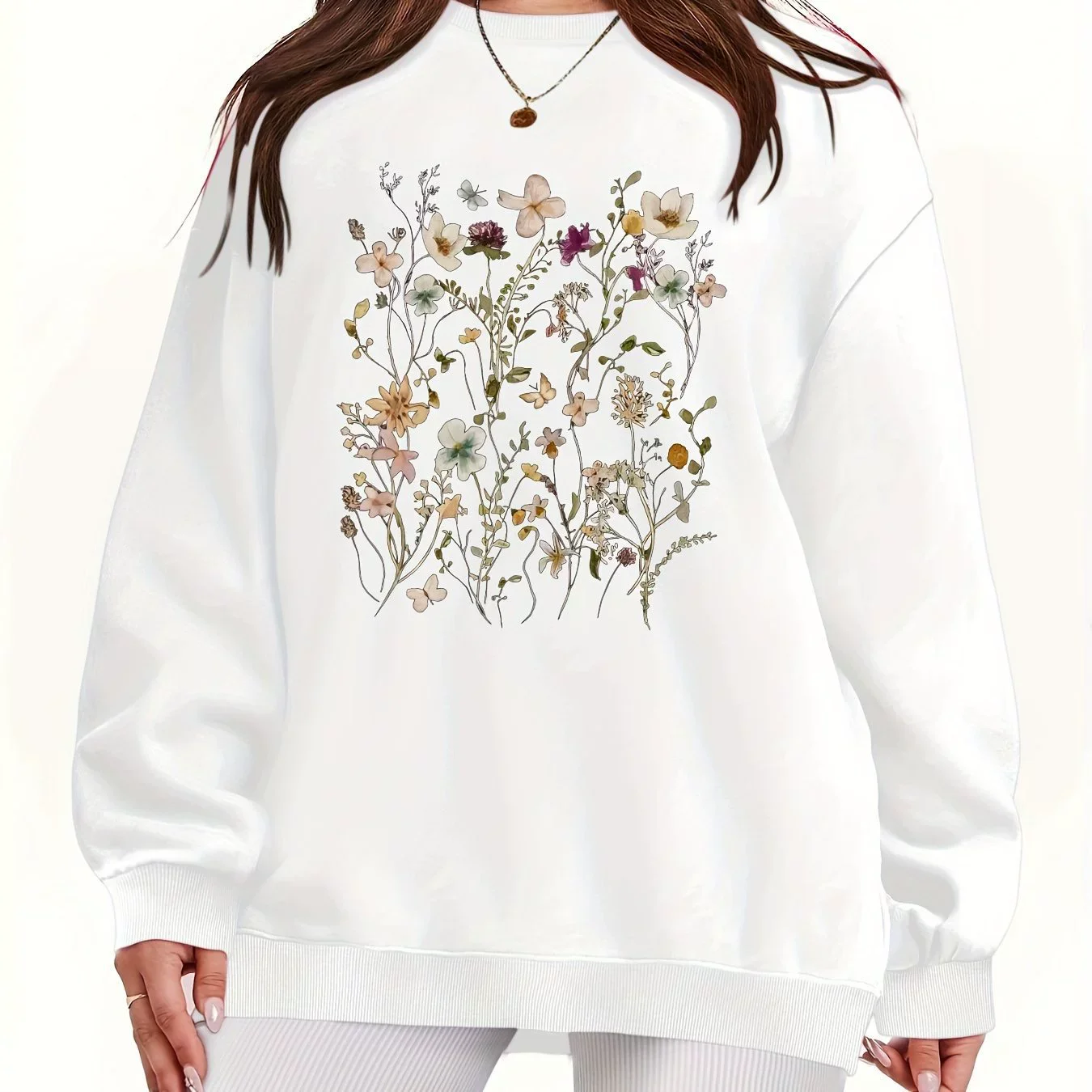 Floral small floral crew-neck pullover sweatshirt for autumn and winter, casual long-sleeved sports shirt