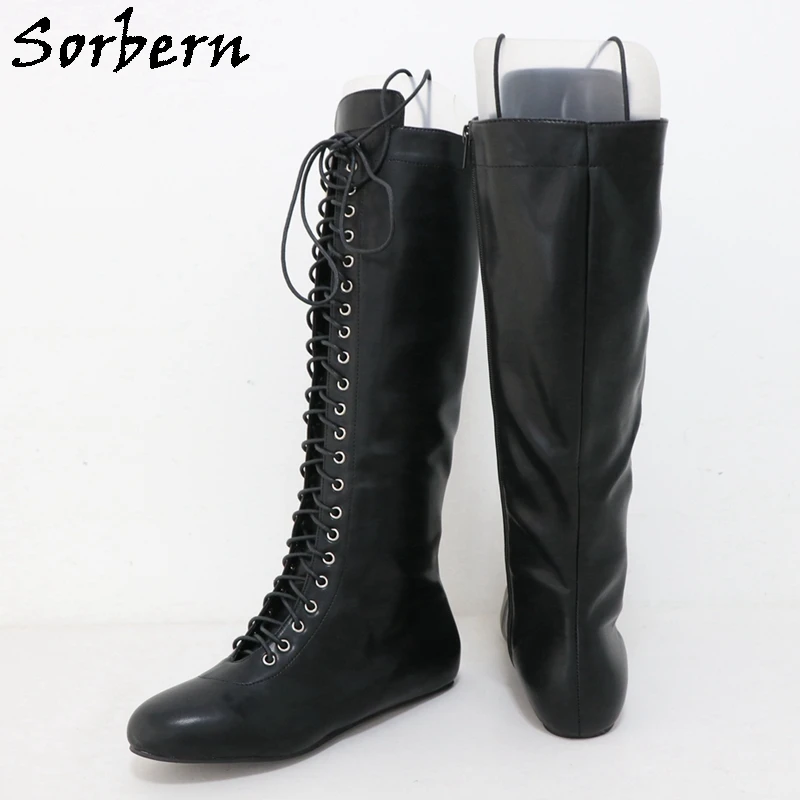 

Sorbern Black Matt Unisex Boots Women Flat Heels Round Toe Knee High Lace Up Custom Shaft Length Calf Width Multi Colors