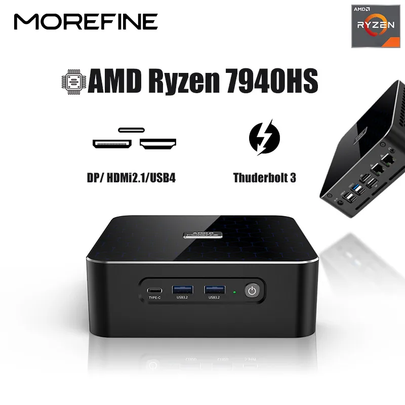 MOREFINE PC Mini AMD Ryzen R9-7940HS 7840HS Thunderbolt3 Windows11 Komputer Gaming Desktop 16GB 512GB DDR5 Dual RJ45 BT5.2 WIFI6