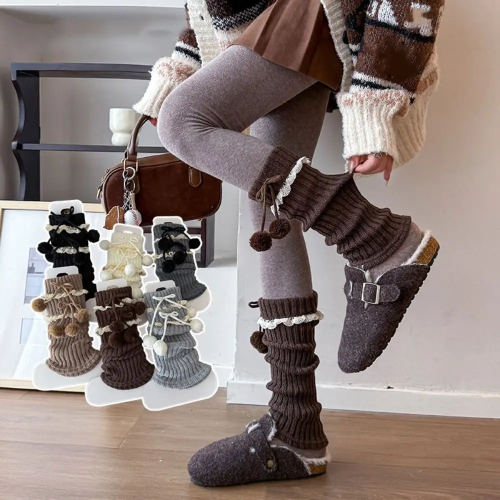 

Kawaii Y2K Knitted Leg Covers Lace Elastic Women's Leg Warmers Warm with Plush Balls Lolita Bowknot Boots Cover Autumn/Winter