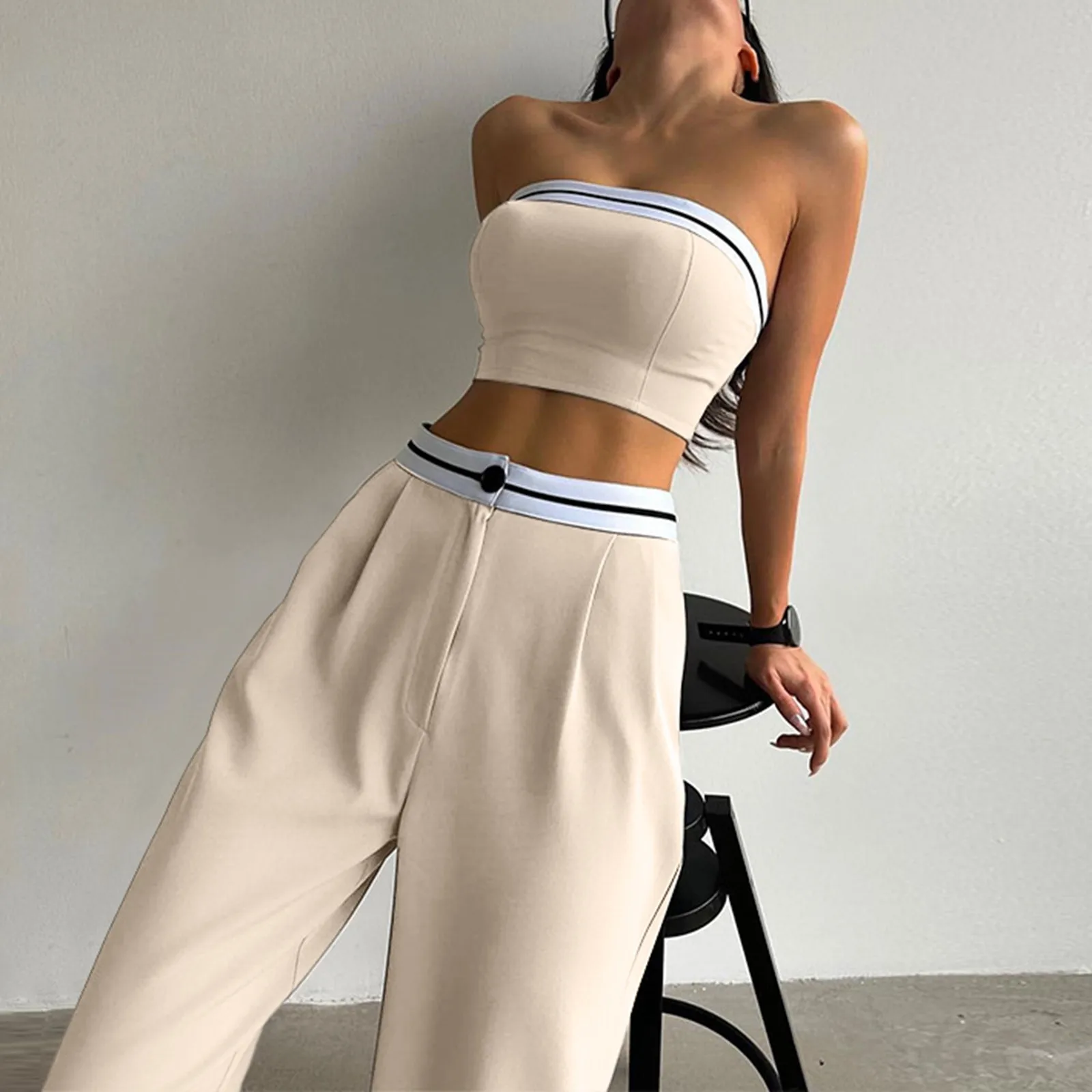 Women\'s Sexy And Fashionable Pants Set Spring/Summer Spicy Girls Sports Tube Tops High Waist Wide Leg 2 Piece Pant Suit S-2xl