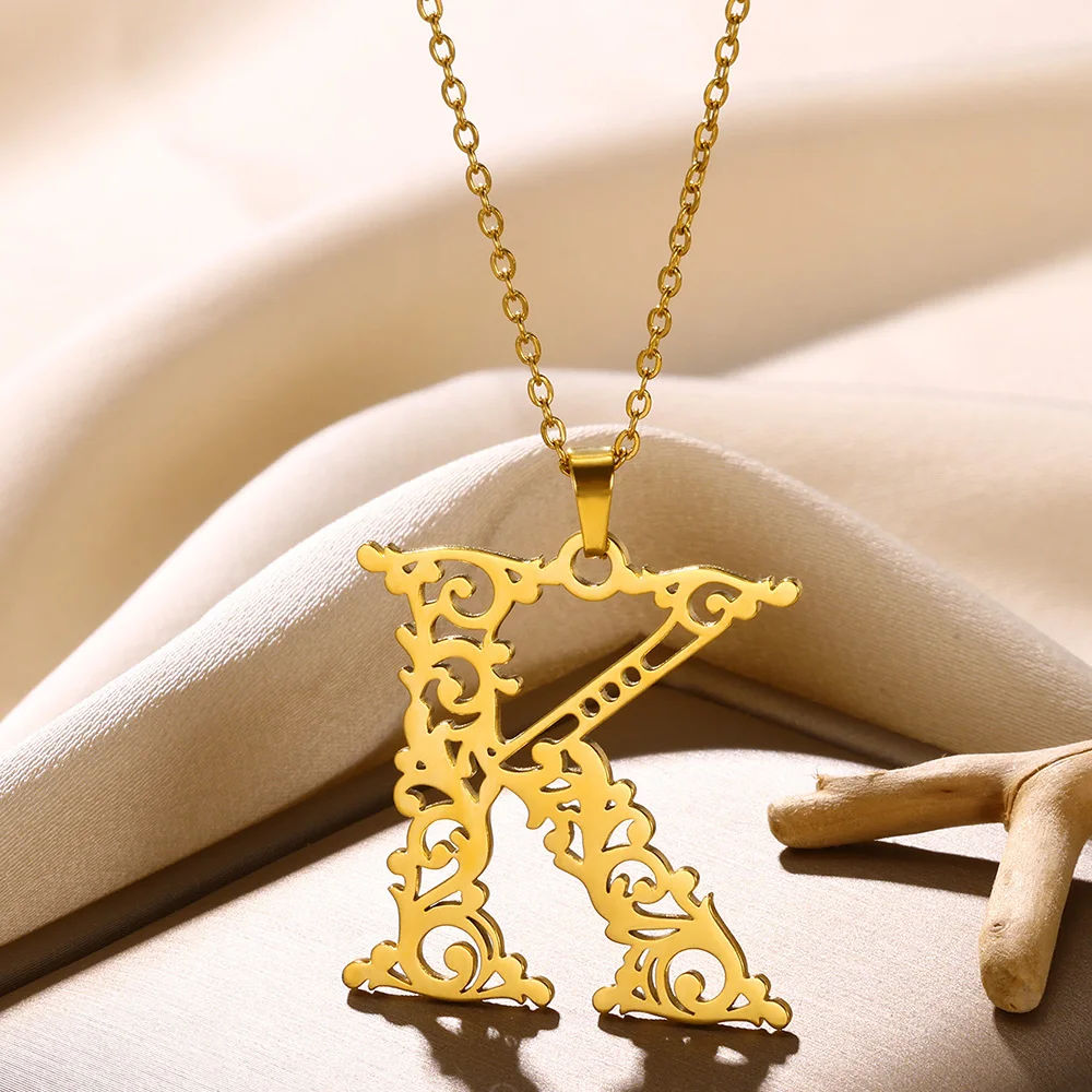 Gold Color Stainless Steel Hollow A-Z Letter Necklaces for Women Flower Initial M S C K Pendant Choker Necklace Alphabet Jewelry