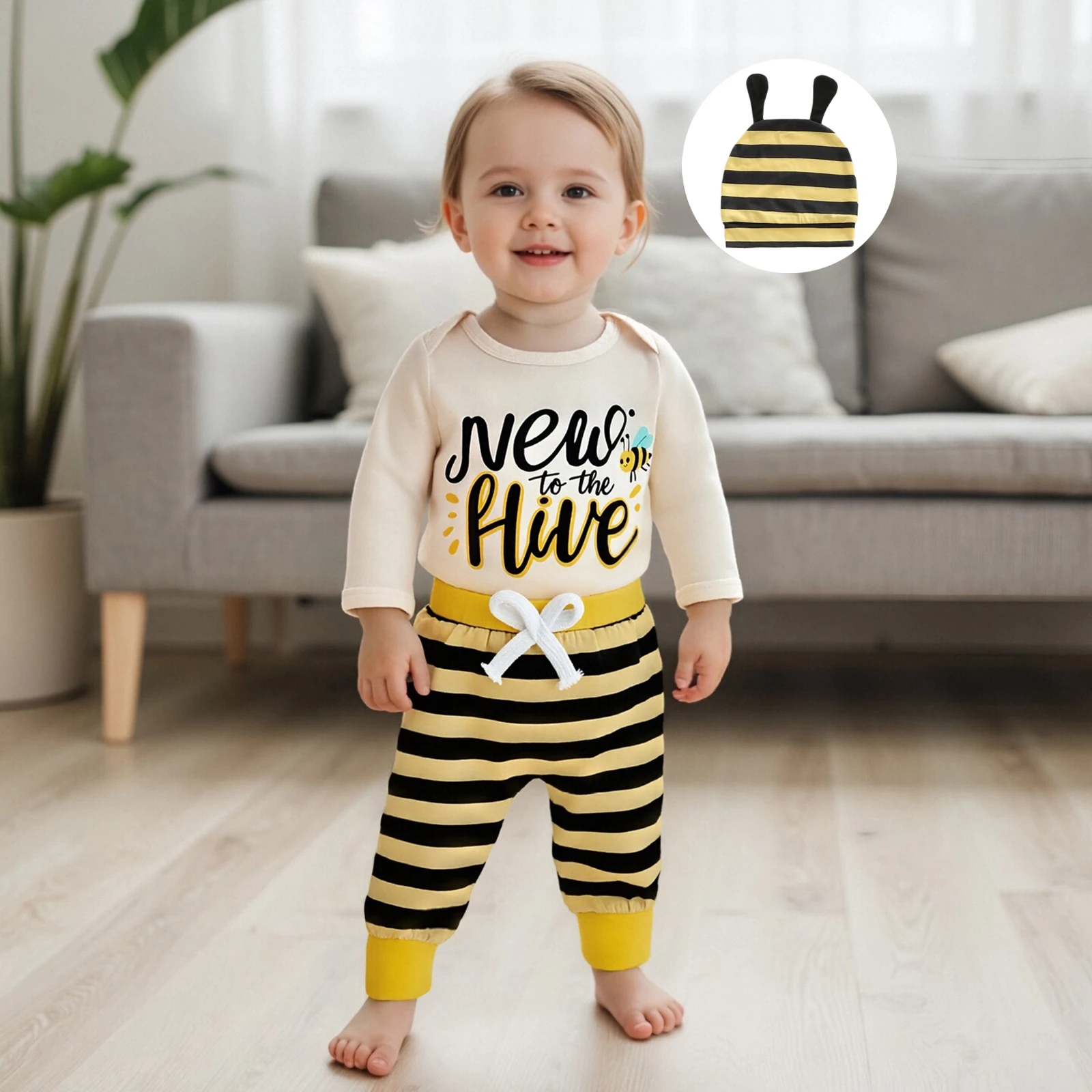 

Одежда для малышей, наряд в виде пчелы для мальчиков и девочек, комбинезон с длинными рукавами и надписью, полосатые штаны и шляпа с антенной, комплект одежды из 3 предметов