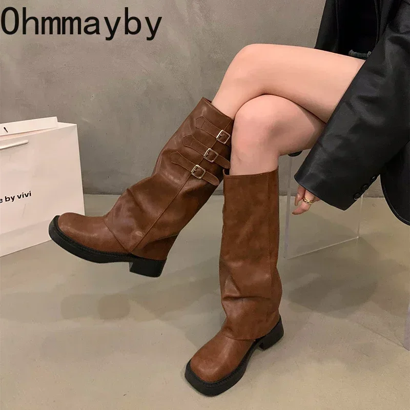 2024 Winter Cowboy Boots For Women Fashion Belt Buckle Long Boots Female Elegant Square Heel Women\'s Knight Bootties