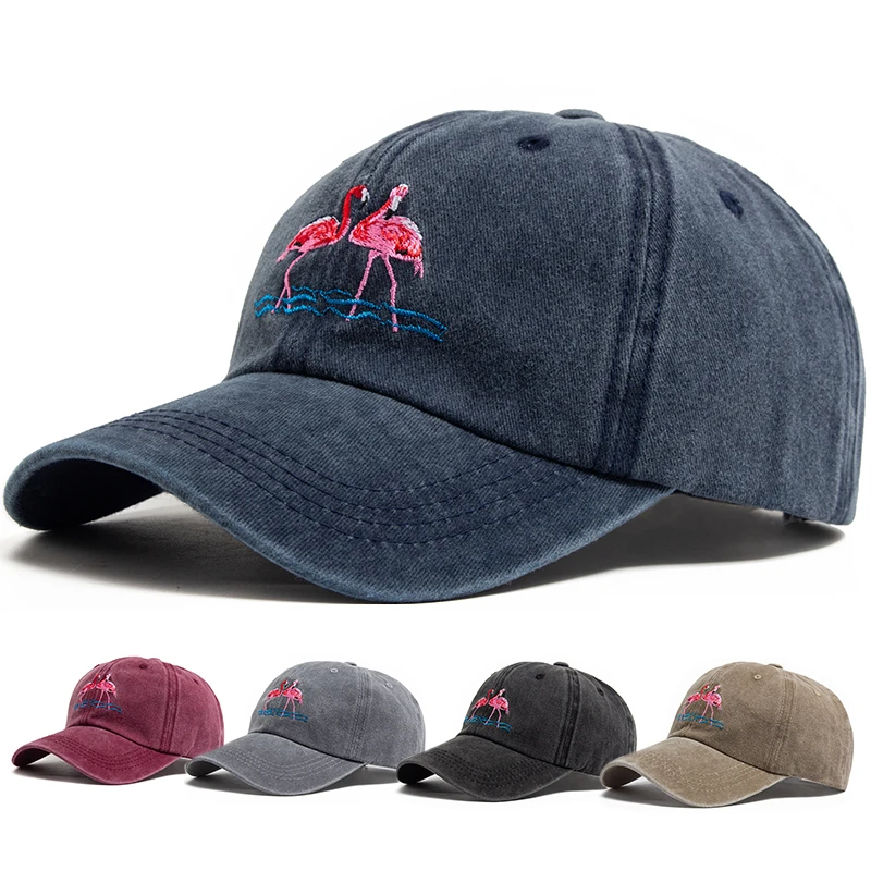 

Flamingo Print Women's Baseball Cap Embroidery Washed Cotton Men's Caps Casual Retro Sport Summer Fashion Sun Visor Hat Unisex