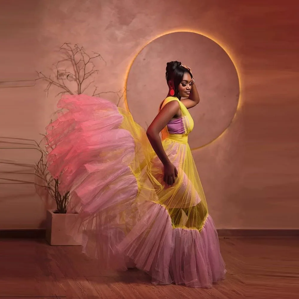 Mixed Color Girls Birthday Dress V Neck Sleeveless See Through Tulle Pink And Yellow Party Dress Maid Of The Honor Gowns