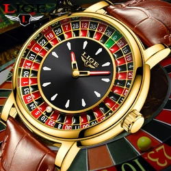 LIGE Fashion Leather Men Lucky Watch Rotating Dial Las Vegas Roulette Desktop Lucky Watch Men Waterproof Luminous Clock Watches