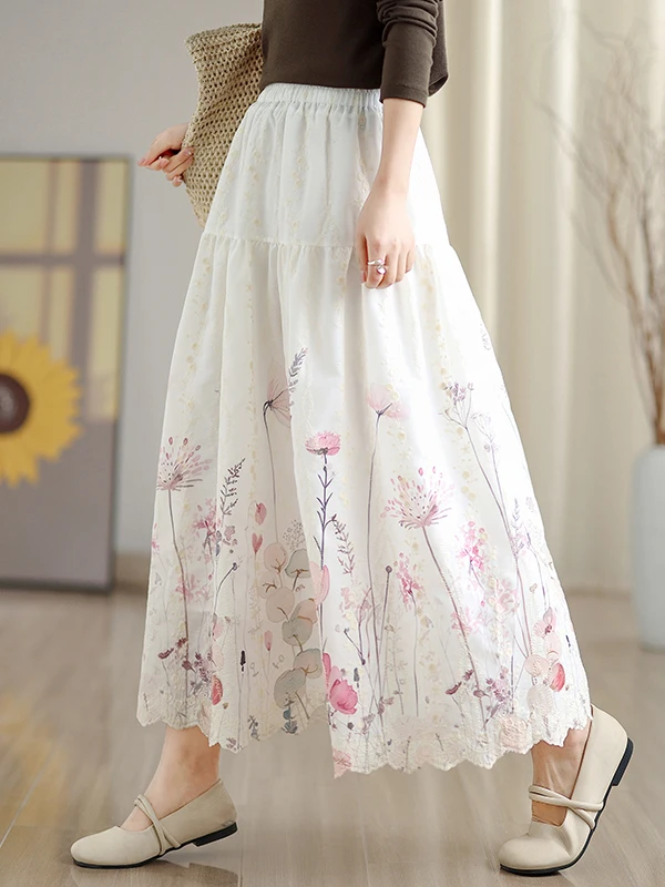 تنورة مطرزة بالزهور على شكل حرف a عالية الخصر للتخسيس تنورة طويلة على شكل حرف a للنساء لربيع 2026 تنورة كعكة لطيفة