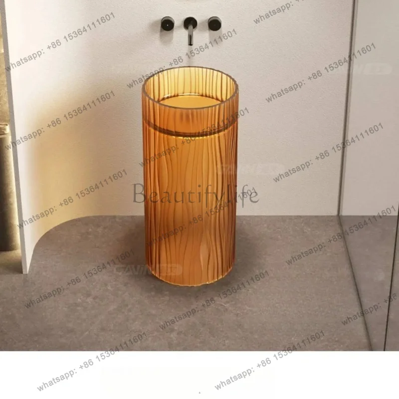 PG Corrugated art transparent round washbasin integrated floor type colored crystal resin column basin