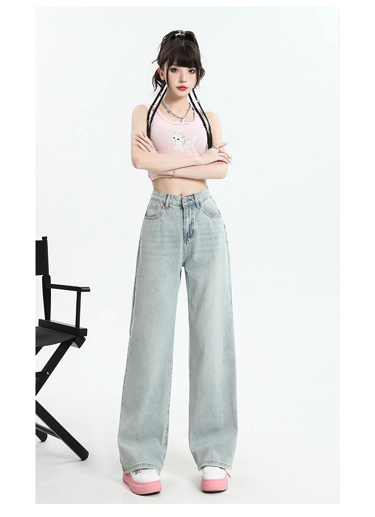 Jean droit taille haute pour femme, fin et Slim, ample, jambes larges, bleu clair, printemps et été 2025