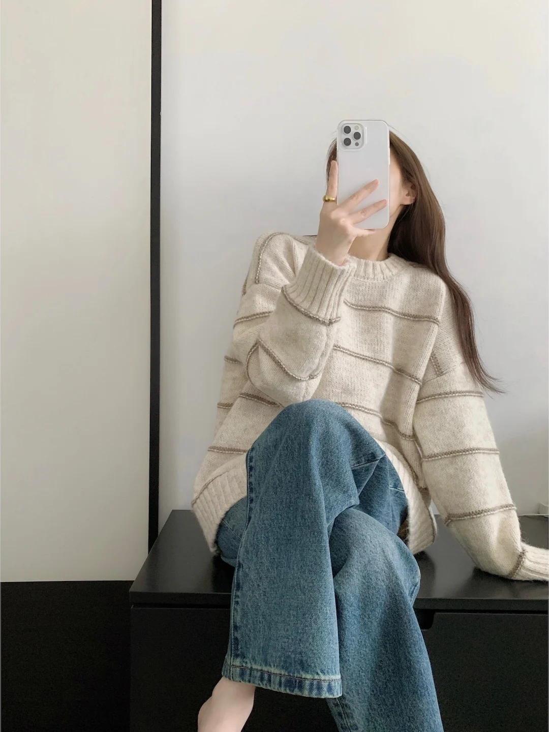 

Laid-ba Striped Sweater Women's Loose Casual Autumn Winter New Sle Color Blo Knitted Top Comfortable Warm Long Sve r...