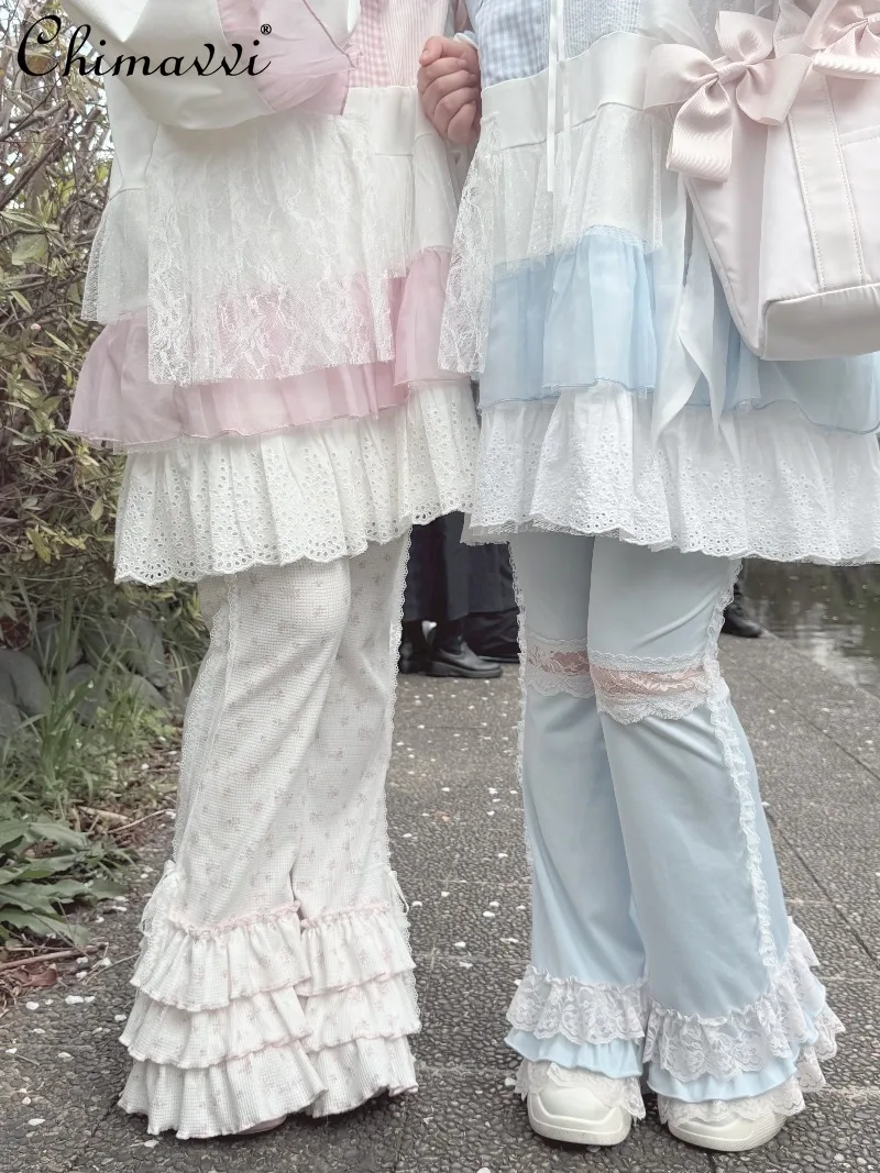 

Original Watercolor Japanese Mass Production Long Sleeve Sweatshirt Dress Lace Trim Flare Pants Two-piece Set Spring Y2k Sets