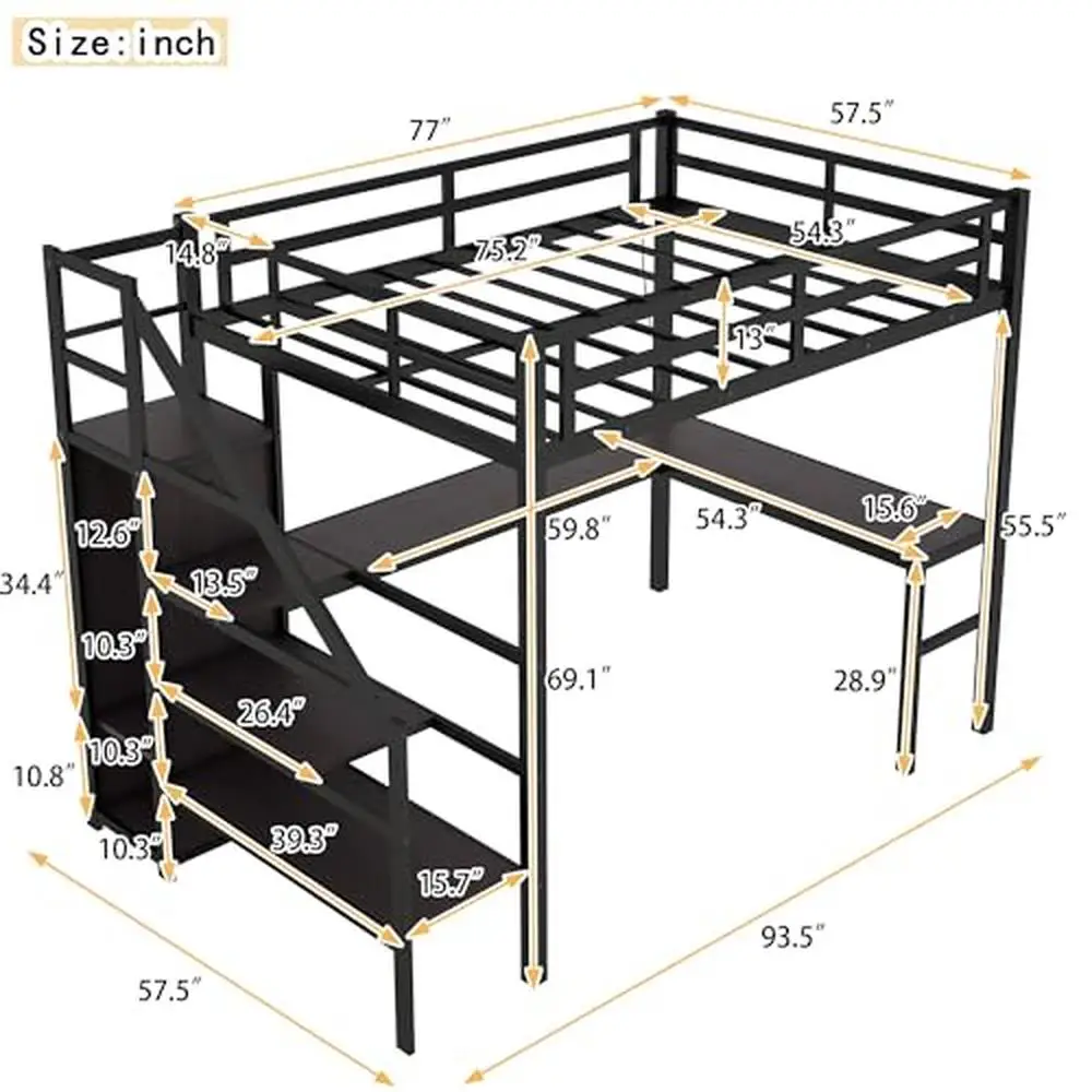 Full Size Metal Loft Bed with Desk Wardrobe Storage Stairs LED Charging Industrial Style 350 LBS Capacity USB Port Ravishing