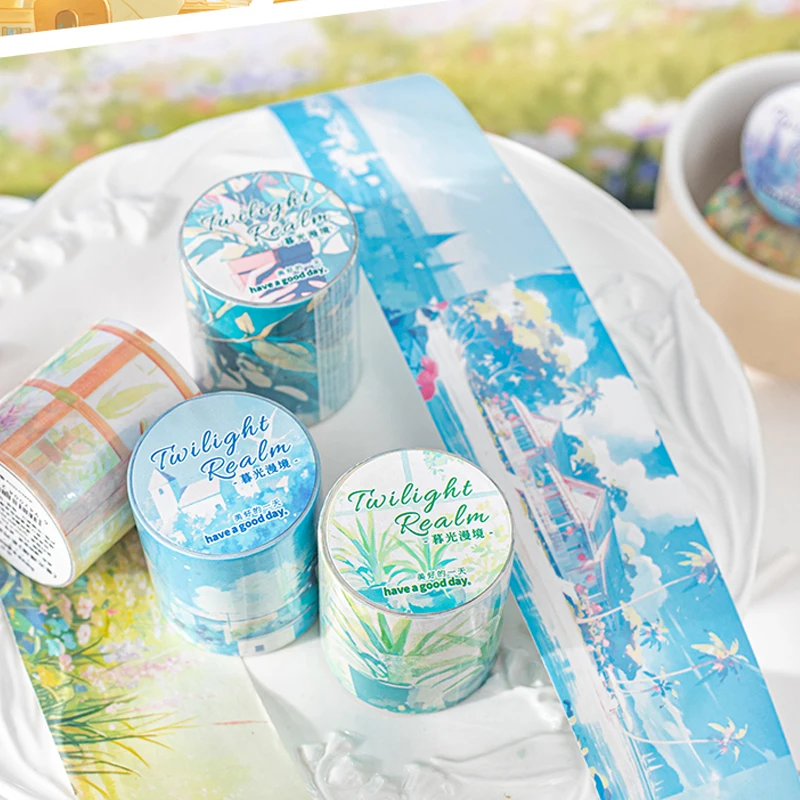 3 rolos/3 sacos de fita de tema de paisagem de cura crepúsculo manga série fita de beleza manual diy moldura de foto cartão de diário fita decorativa