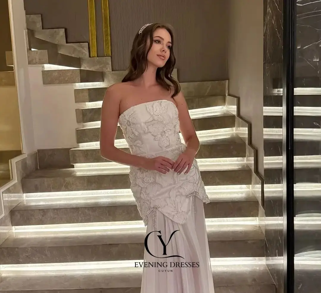 CUYUN فساتين لحضور الحفلات الموسيقية الطويلة الفاخرة المصنوعة من الدانتيل مخصصة من الزهور 2026 فستان سهرة للنساء بدون أكمام لحفلات الزفاف ثوب مسائي #2