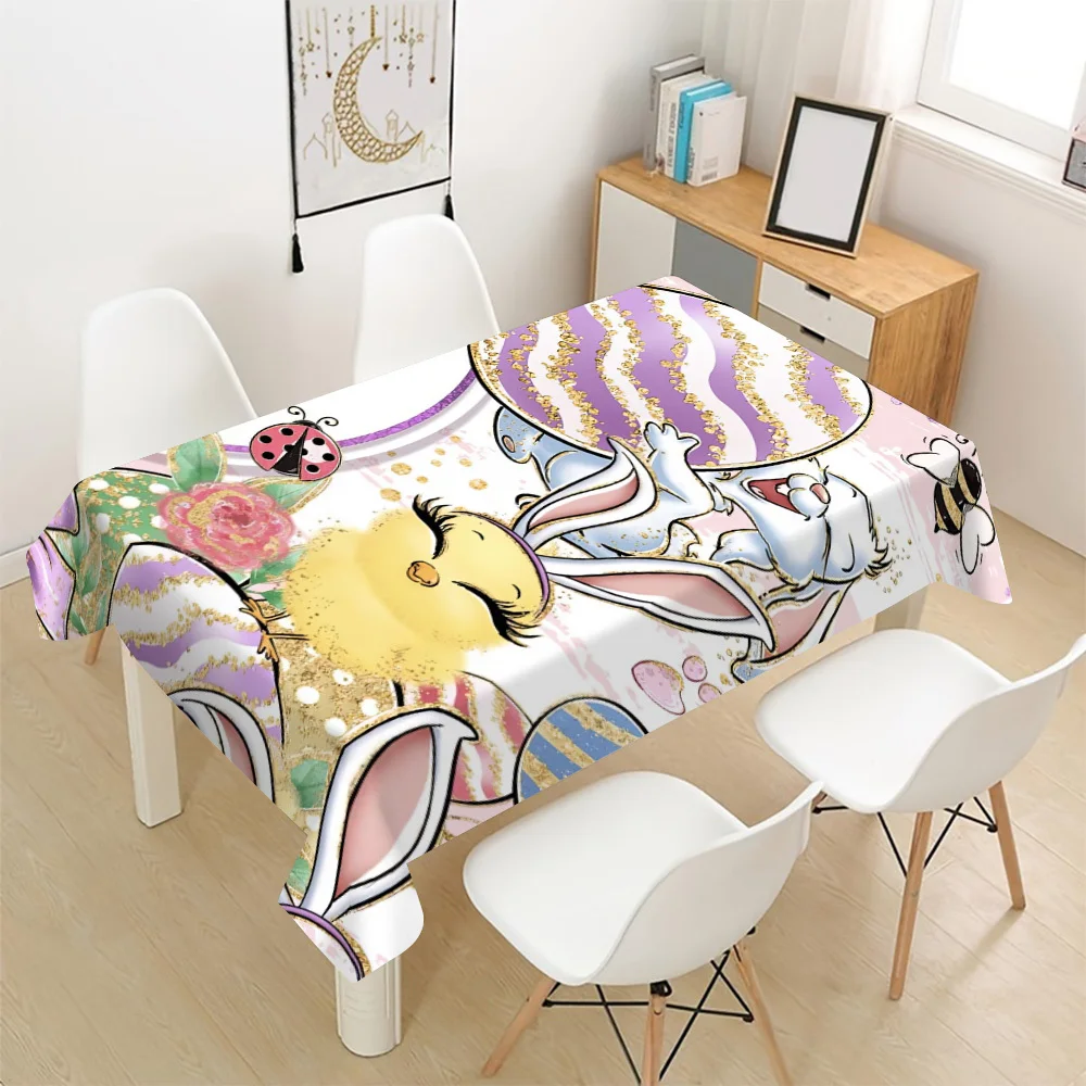 Cute Bunny Picnic Tablecloth Waterproof Spillproof Kitchen Table Cover for Dining Room Decor