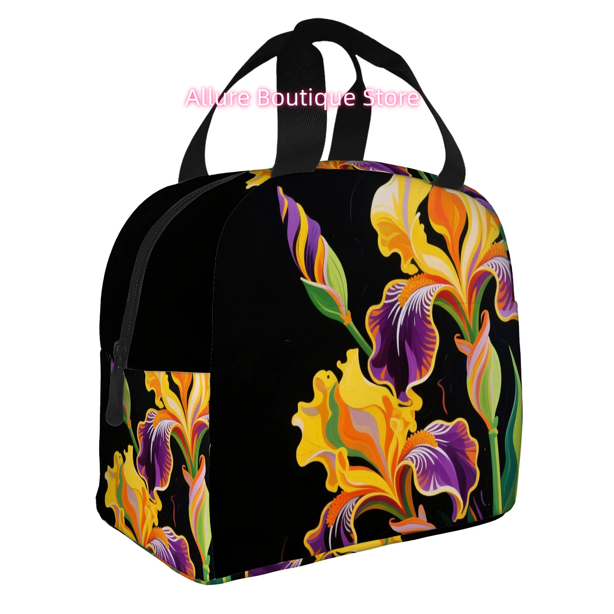 1pc, Vibrant Irises on Black Printed Thermal Insulation Bag, Insulated Bag, Not for Food Contact, Suitable for Home, Restaurant,