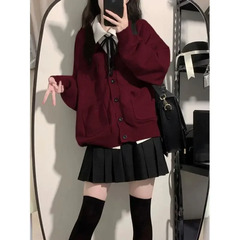 

Three-piece Suit Spring Autumn New Arrival Wine Red Cardigan Sweater Shirt Short Skirt Women's Japanese Korean College Style