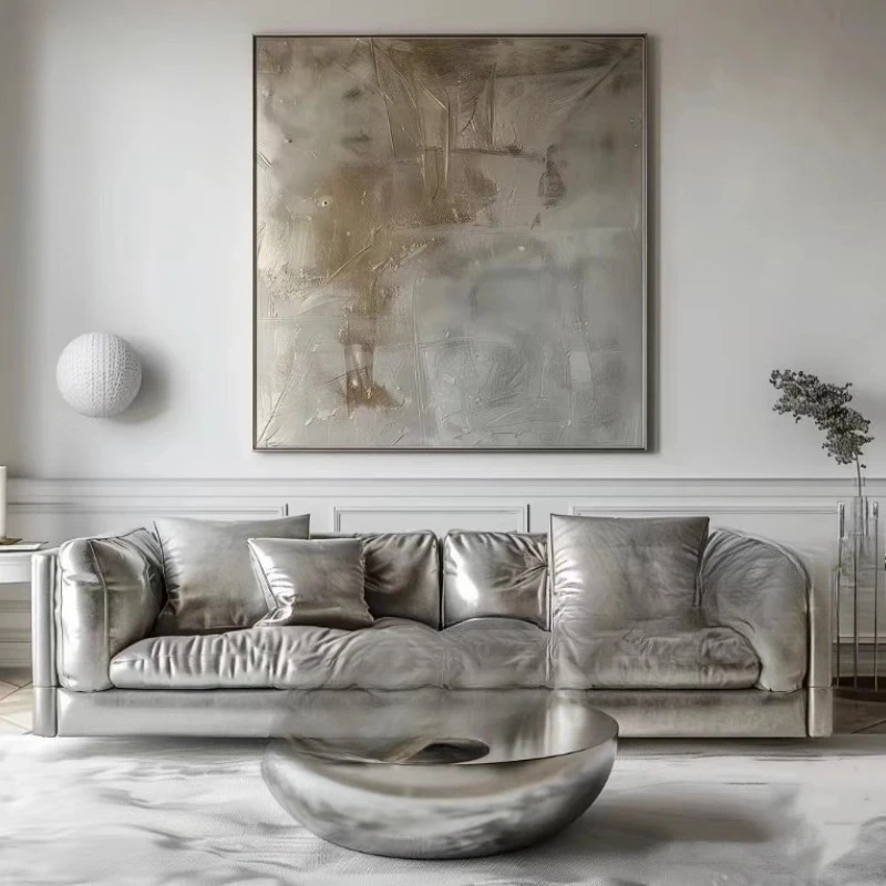 Minimalist future punk style niche designer studio store lobby silver pearlescent leather sofa