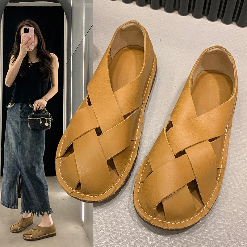 2024 leather Women\'s Sandals Top Layer Cowhide Handmade Woven Women casual Flats the retro art mori girl shoes