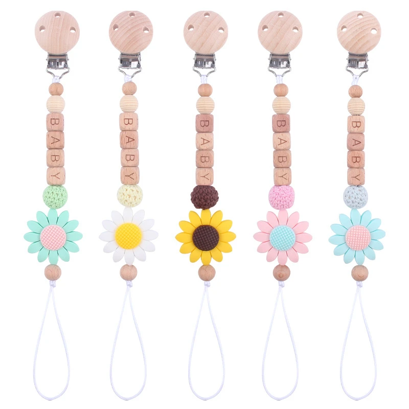 Ins Personalized Name Baby Pacifier Clips Flower Silicone Beads Teethers Dummy Nipple Holder Clip Newborn Teething Toys BPA Free