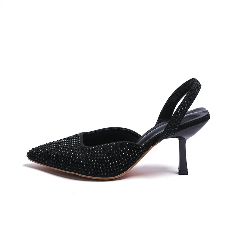 2022 High Quality Ladies Sandals Thin High Heels Pointed Toe Slingback Sandals Ladies Fashion Shiny Crystal Party  Women Shoes