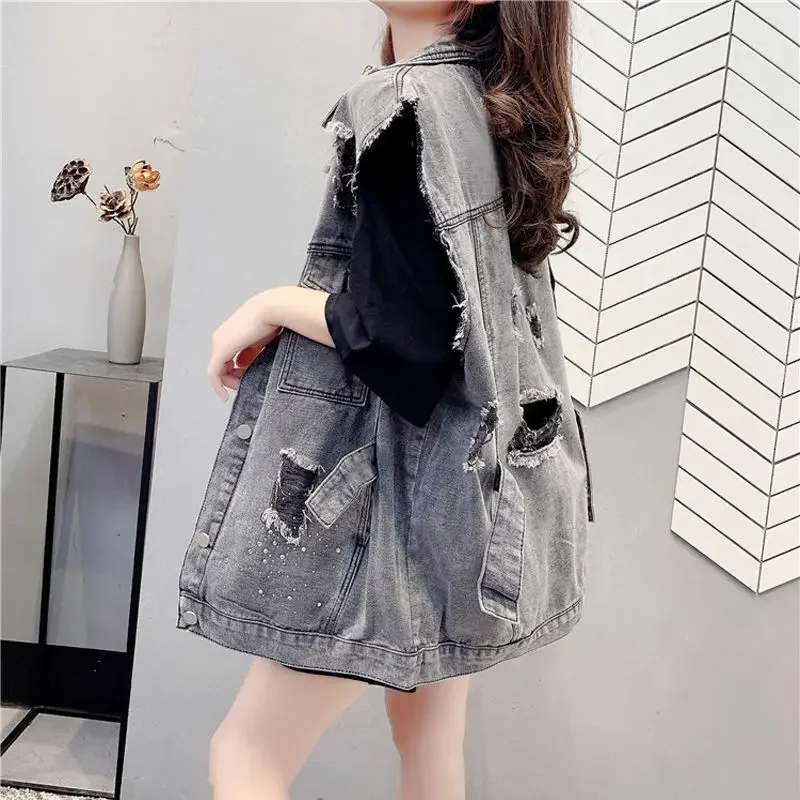 New Trendy Fashion Button Up gilet di jeans nero strappato per donna ragazza cappotto invernale camicia abbigliamento Vintage Cardigan Casual 2024