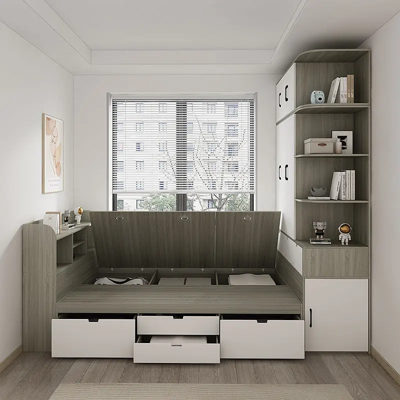 Tatami bed wardrobe integrated second bedroom bookshelf solid wood combination simple small apartment multi-functional storage