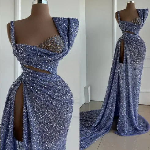 2024 New Dusty Blue Designer Prom Dresses Sleeveless High Split Sheath Straps Sequins Formal Occasion Dresses فساتين طويلة