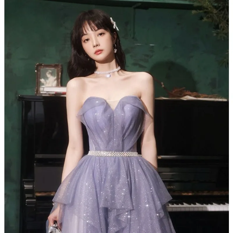 2025 Neues Damen-Sommerkleid mit lila Trägern und Glitzer, elegantes Bankett-Abendkleid, modischer Look, dünn, normales Tragen, langes Netzkleid
