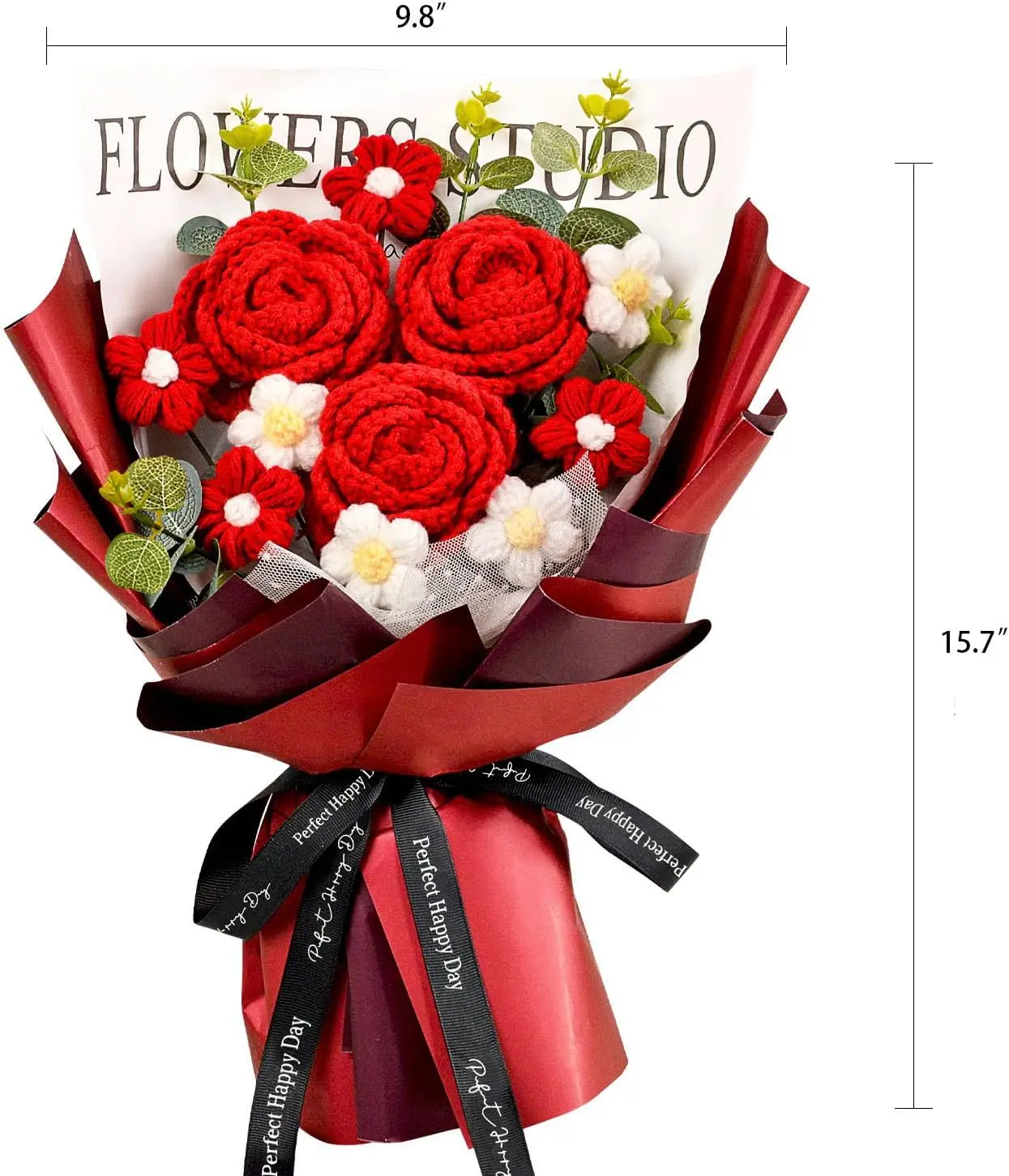 Handgefertigter gehäkelter roter Rosenblumenstrauß, gehäkelte Blumensträuße zum Muttertag, Valentinstag, Jahrestag, Geburtstagsgeschenk – Detail 1