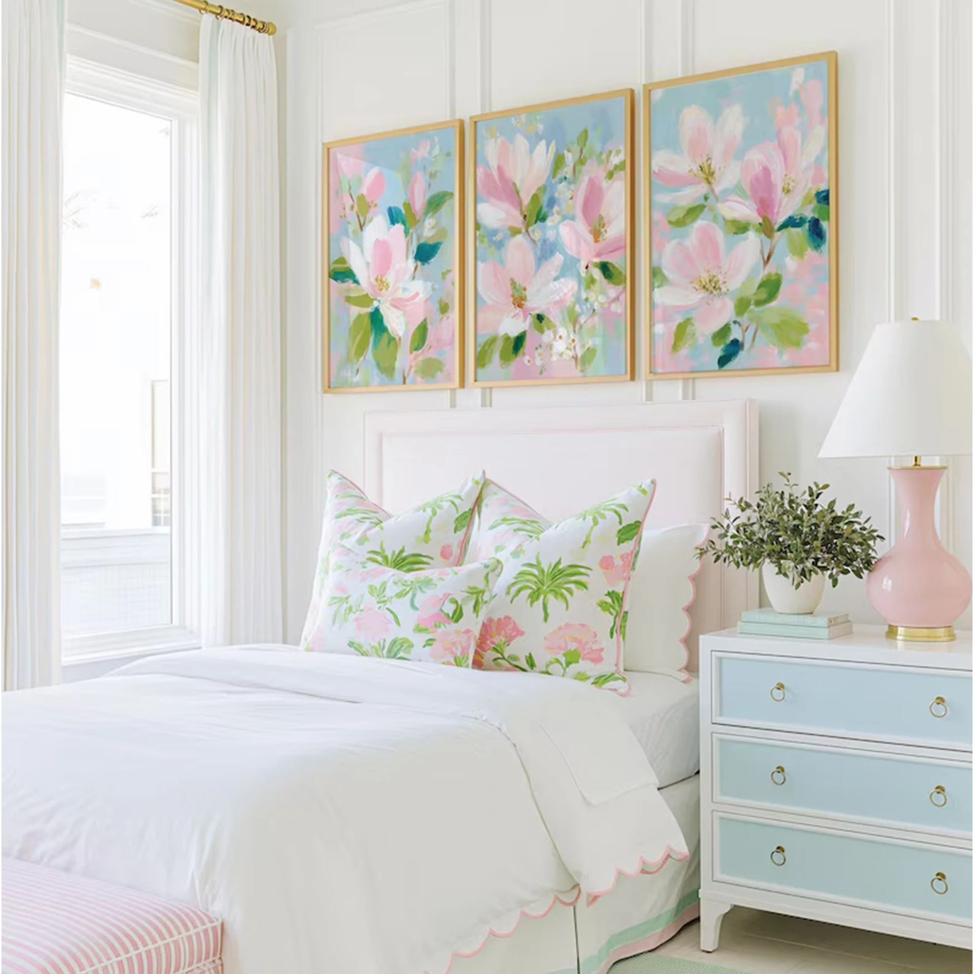 3pcs Modern Pink Magnolia Wall Art Print Canvas Painting Poster Picture For Living Room,Bedroom Home Decor