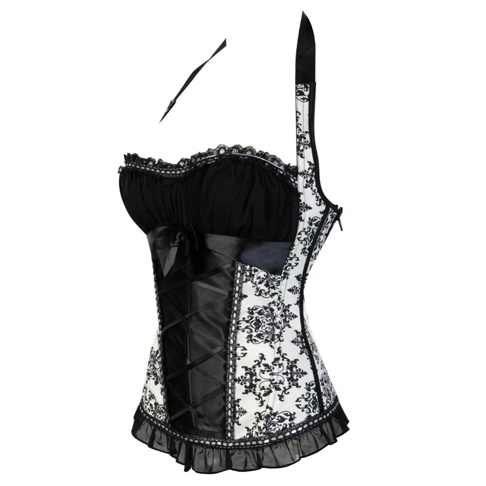 Elegant Halter Floral Print Satin Overbust Corset Lace up Bustier Waist Cincher Body Shaper Corsets and bustiers Espartilho