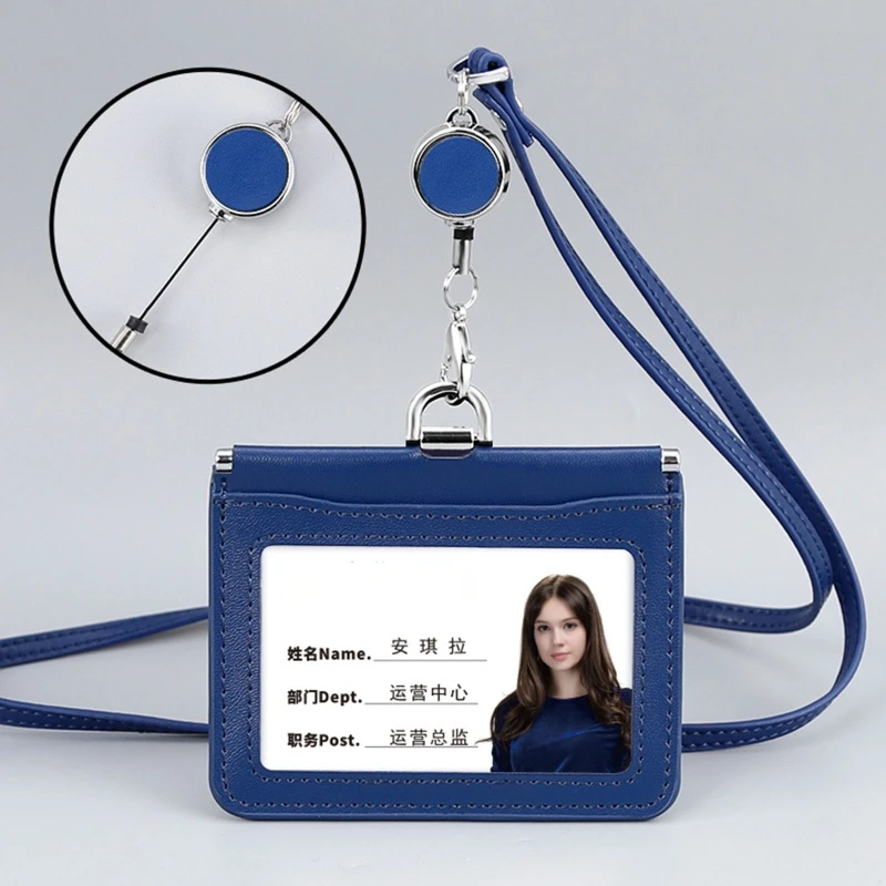 

Leather Badge Holder with Clear Window Credit Card Slot Detachable Neck Lanyards for Women Men