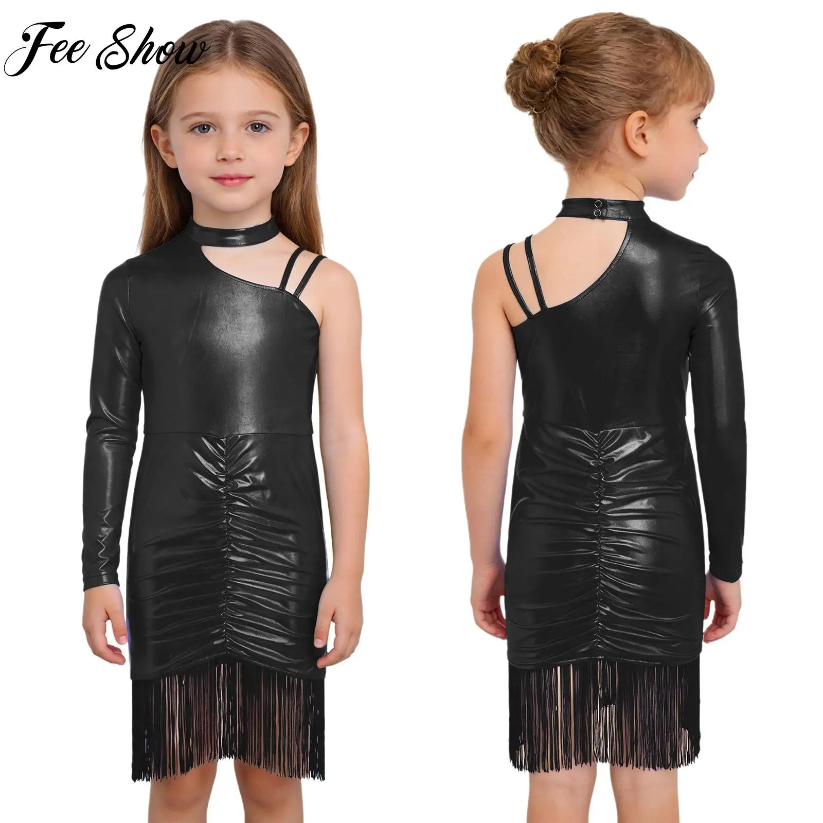 

Girls Tassels Latin Dance Dress Kids Toddler Cha-cha Tango Samba Dancewear Asymmetrical Shoulder Dress for Performance Party