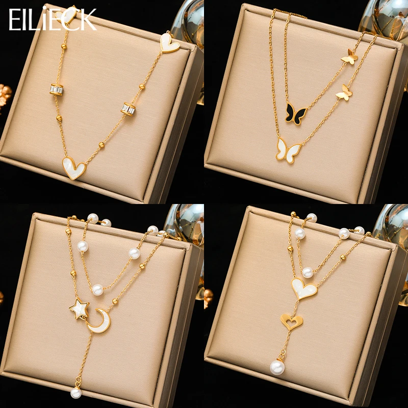 EILIECK 316L Edelstahl Herz Mond Schmetterling Perlen Halskette Für Frauen Mädchen Mode Hals Kette Schmuck Urlaub Geschenke Kragen