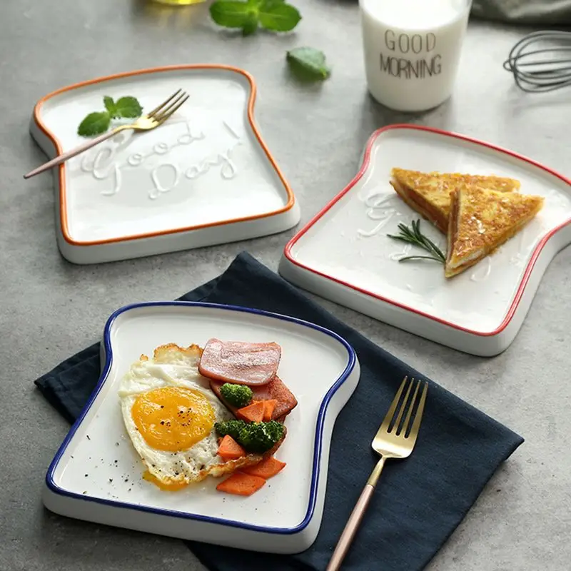 1PC Bread Shaped Ceramic Breakfast Dessert Plate Toast Dishes Salad Fruit Snack Tray Household Tableware Dinner Plate Tableware