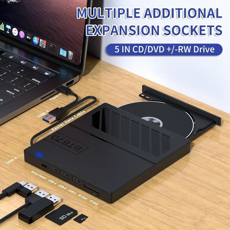 7 in 1 USB 3.0 Type C External CD DVD RW Optical Drive with SD/TF Port CD/DVD/BD -/+RW Player Burner Writer Reader for Laptop PC