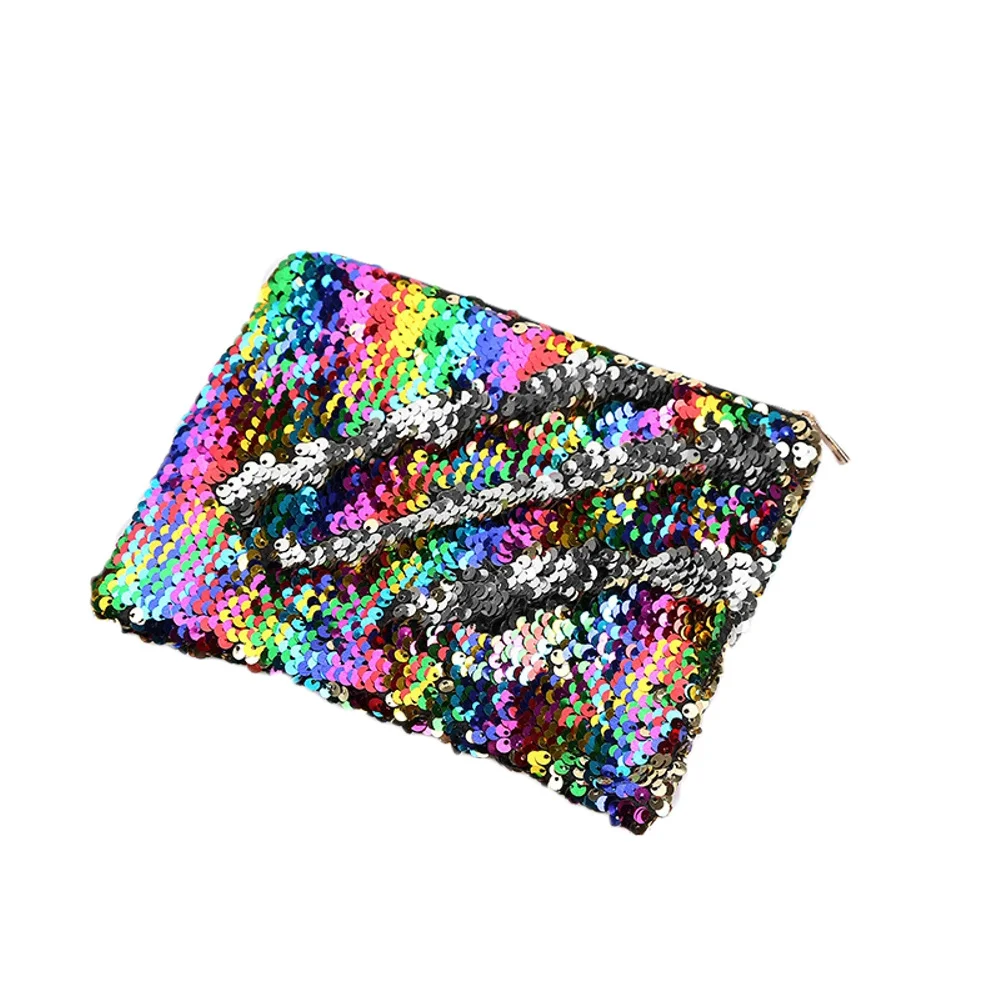 قوس قزح الفضة الترتر قلم رصاص سستة حقيبة متعددة الوظائف حقيبة أقلام محفظة نسائية للعملات المعدنية ماكياج المنظم للطلاب النساء القرطاسية